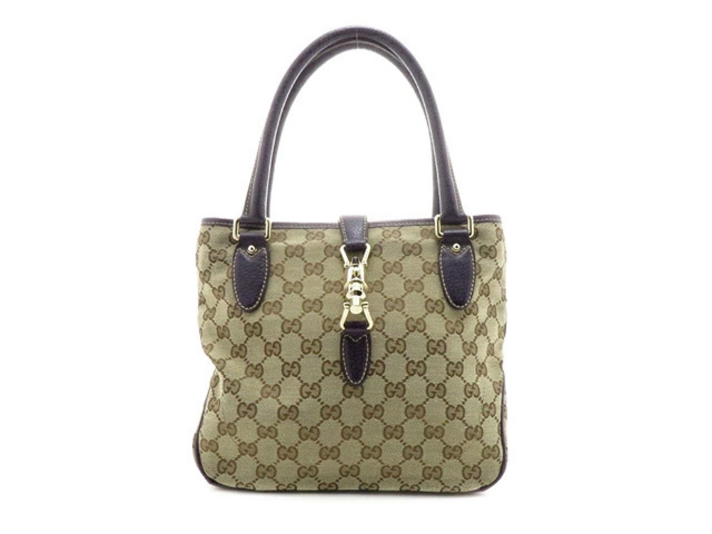 Gucci Jackie GG Supreme Tote Bag Beige Cream Purple Canvas Calfskin